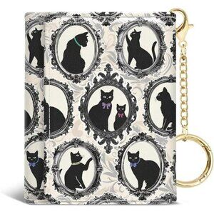 Black Cat Wallet Trifold RFID Blocking Slim PU Leather Keychain Card Holder